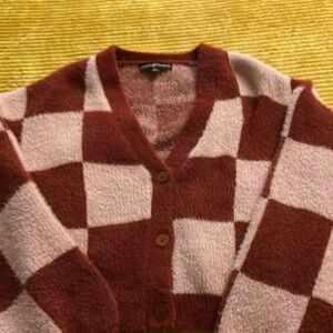 Almost famous sweater cardigan pink maroon checkered buttons xl top shirt